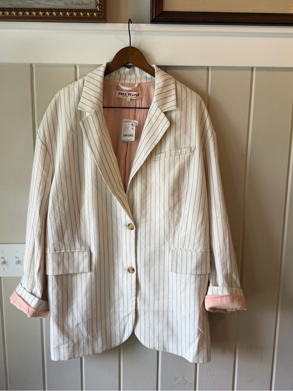 Free People Cream Pinstripe Blazer with Pink Lining